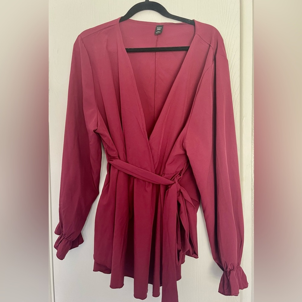 burgundy wrap belted smock blouse